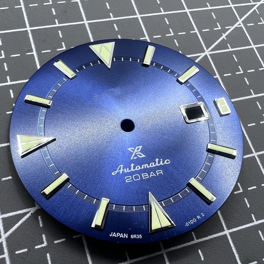 Blue dial watch face with silver trim and green lume, compatible with Miyota 8215/8200 movements by Nail Datejust.