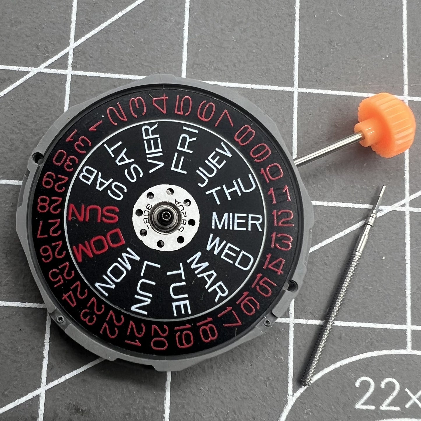 Miyota 1M02 3 Hands Quartz Movement Black Disk Red Font Double Calendar