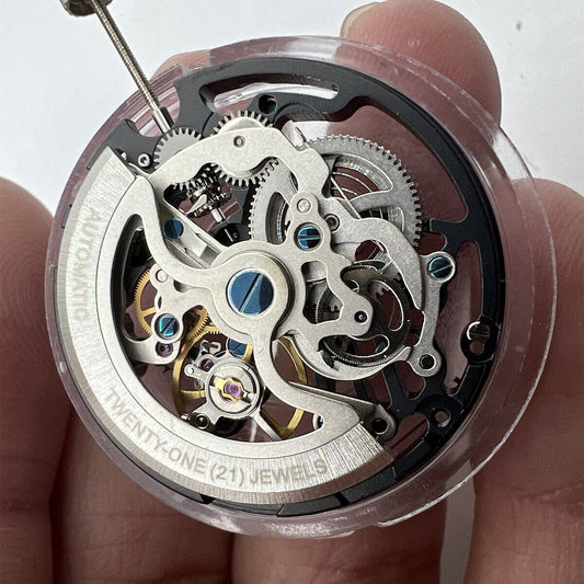 Seagull TY2809 black automatic skeleton watch movement showcasing intricate mechanical design.