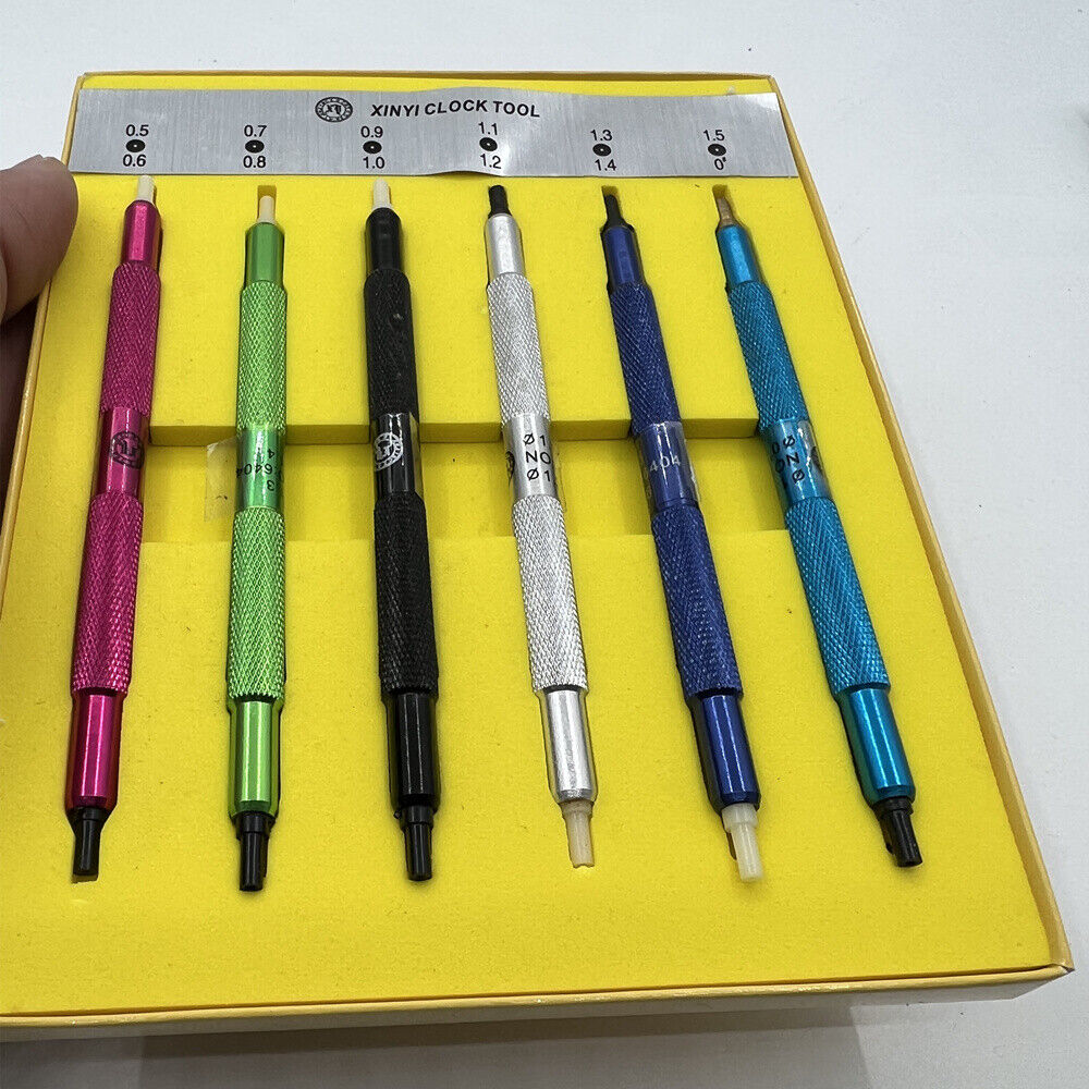 Set of 6 watch hand pressers, precision tools for accurate watch hand installation and repair.