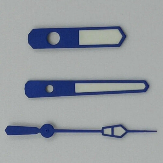 Blue trim white painted watch hands with green lume for NH35 NH36 7S26 7S36 movements.