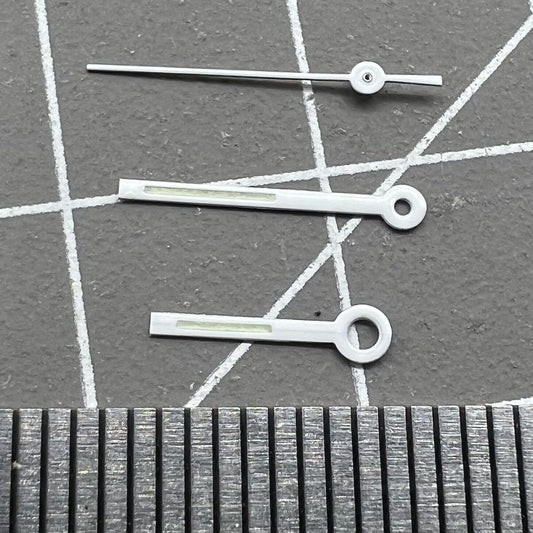 Silver trim square tip watch hands with green lume for Miyota 6M12 quartz movement, precise and luminous.