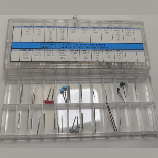 Original Ronda watch stem set, 38pcs in 19 sizes, perfect for precise Ronda watch movement repairs.