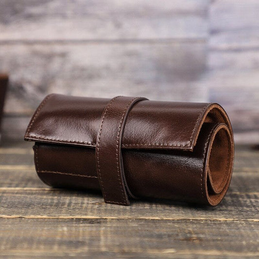 Handmade leather watch box with 6 slots, portable roll pouch for men