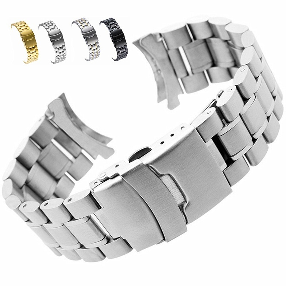 Curved End Watch Band 18-24mm Stainless Steel Watchband Double Lock Buckle