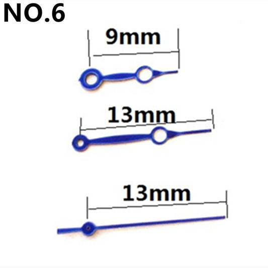 Blue 13mm hollow watch hands with no lume, compatible with Miyota 2035 quartz, perfect for precision repairs.