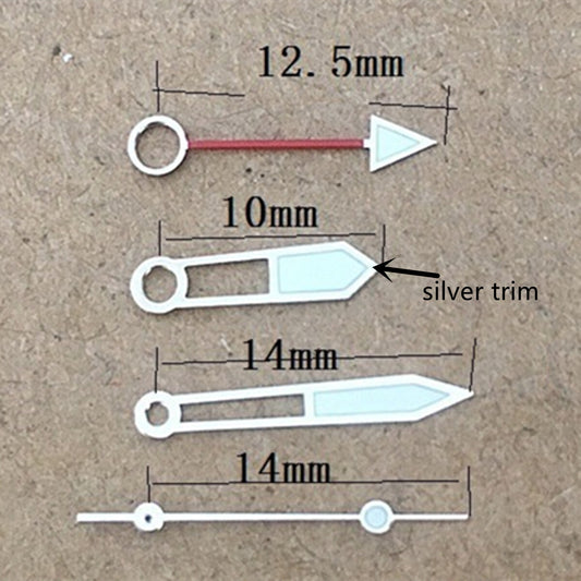 Silver-trimmed green luminous hollow watch hands for Miyota 8205, enhancing visibility and style.