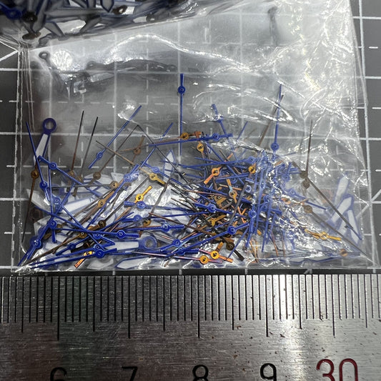 Set of 100 watch hands, 10mm, assorted colors for quartz movements by Hattori Epson PC21.