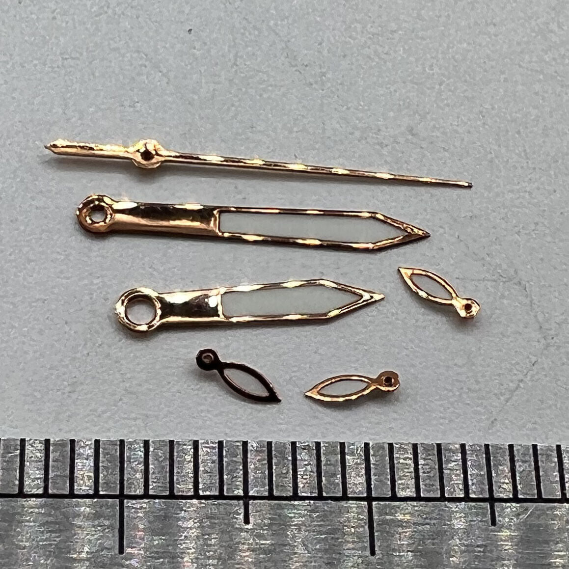 Rose gold 14.5mm watch hands with white paint, compatible with Miyota OS10 OS20 OS60 OS80 movements, precision fit.