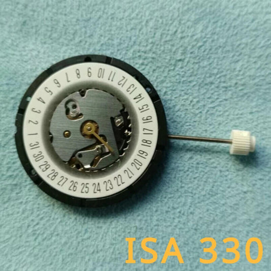 Original ISA 330 quartz watch movement with date at 6:00, ideal for precise timekeeping and repair.