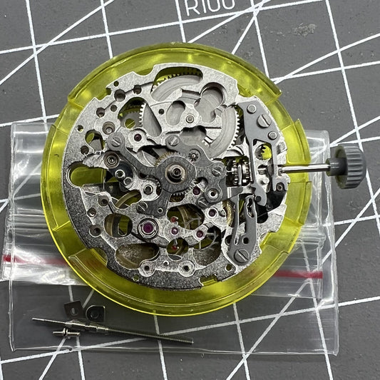 Japan Made Miyota 8N24 silver automatic watch movement showcasing precise mechanical craftsmanship.