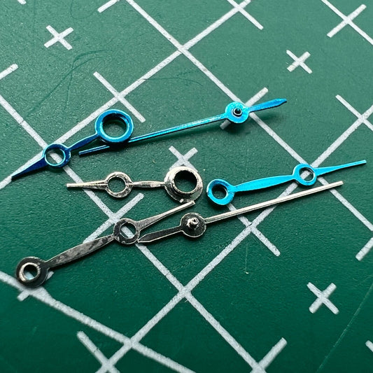 Blue set of Miyota 2035 watch hands in 12mm, 10mm, and 7mm lengths, precision timing accessory.