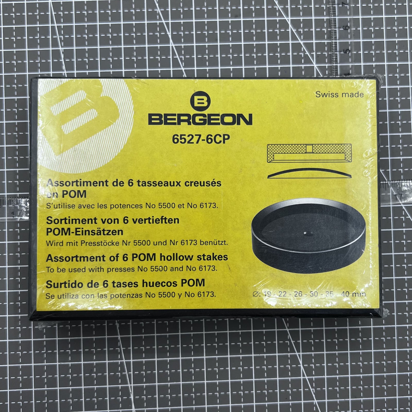 Swiss Bergeon 6527-6CP glass fitting dies for domed mineral watch glasses, sizes 19-40mm, precision tool.