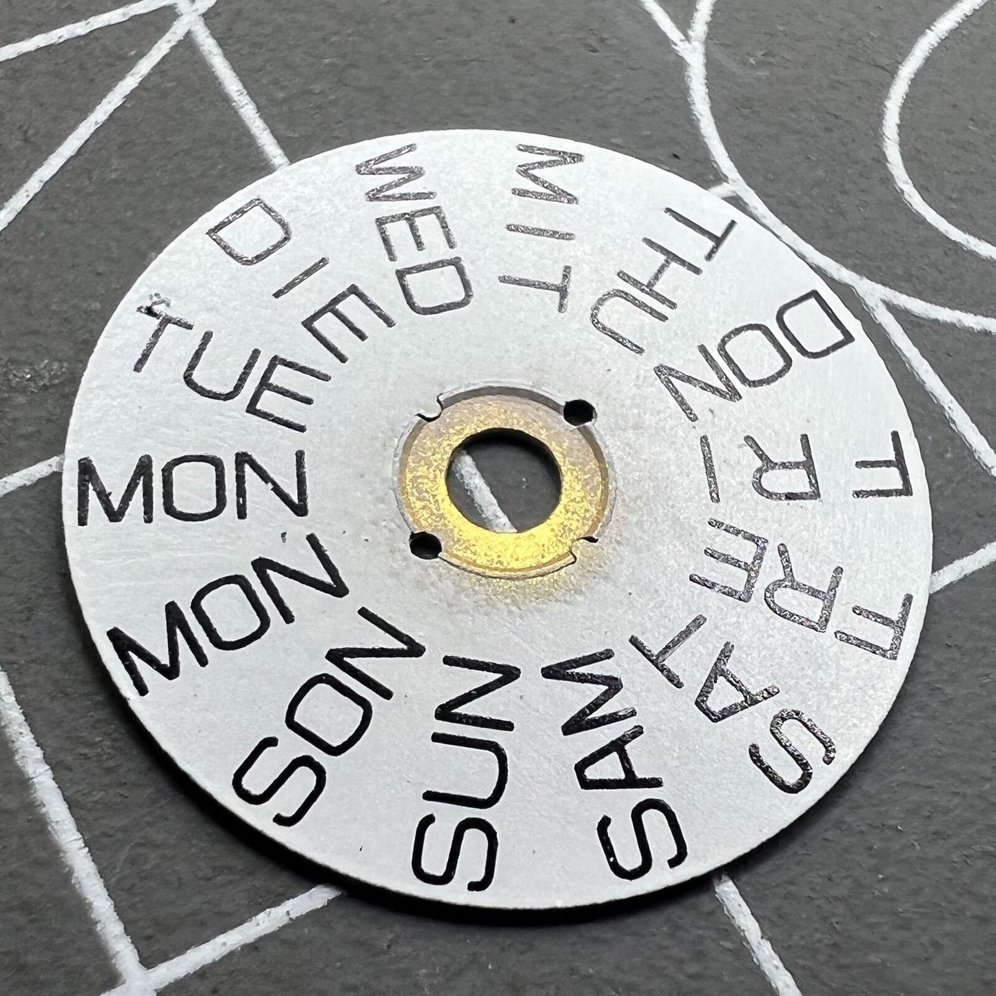 White watch accessory with English font week disk, fits 2836 movement, date at 9 o?clock, brand Generic.