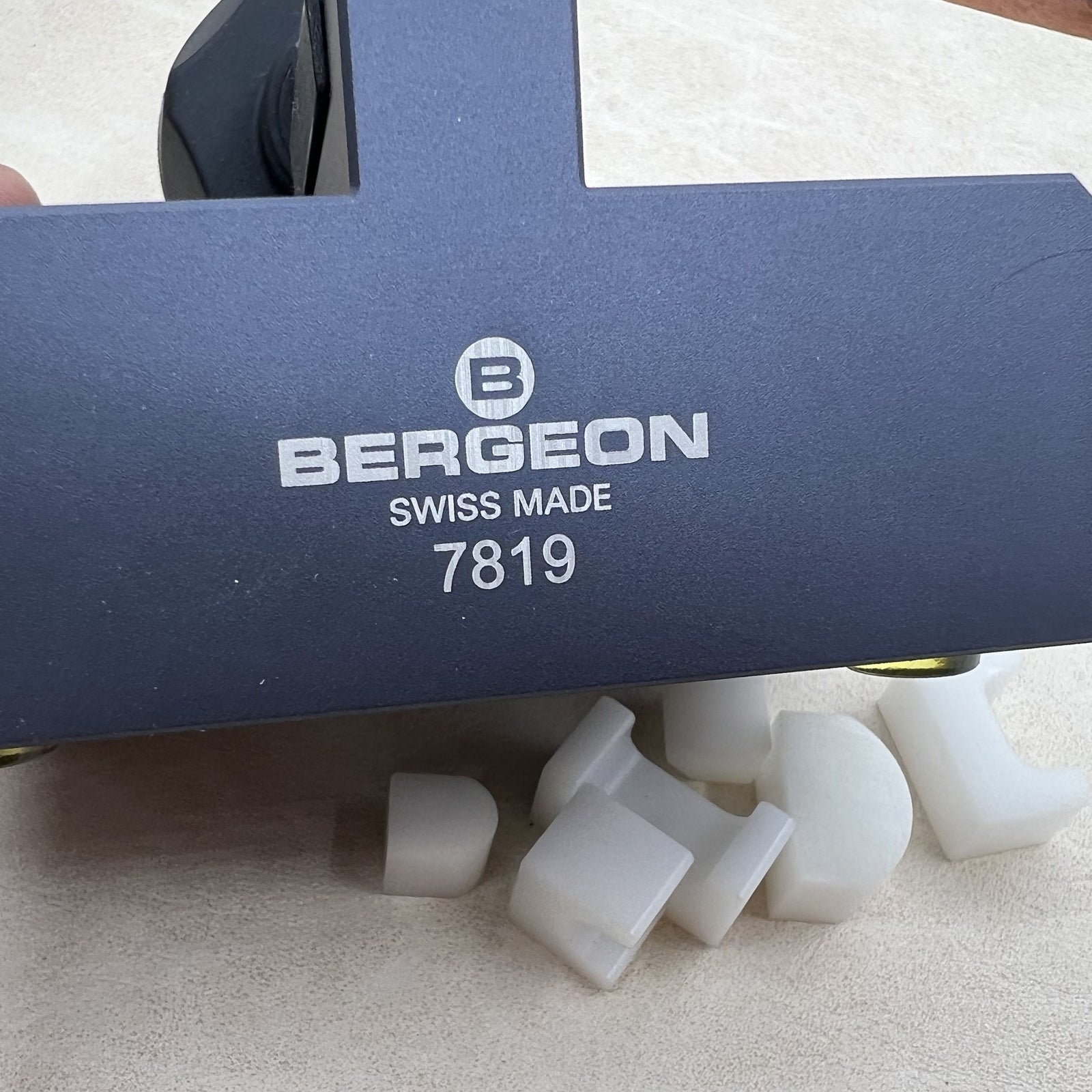 Swiss Bergeon 7819 repair tool for precise adjustment of folding clasps on watch bracelets.