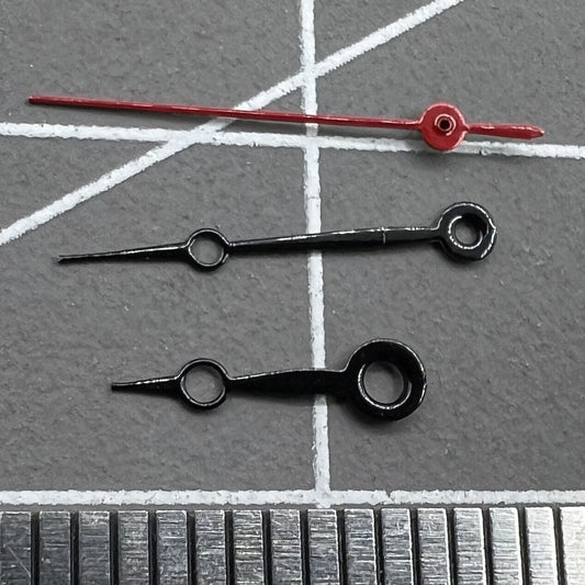 15mm black and red painted watch hands set with no lume for Miyota 2035, 2115, 2105, 2305 movements.