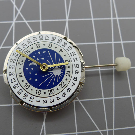 Shanghai Double Timezone GMT watch showing mechanical movement with 3 hands and single calendar, elegant design.