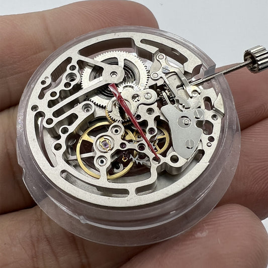 Seagull TY2809 silver skeleton watch movement showcasing intricate automatic mechanical design.