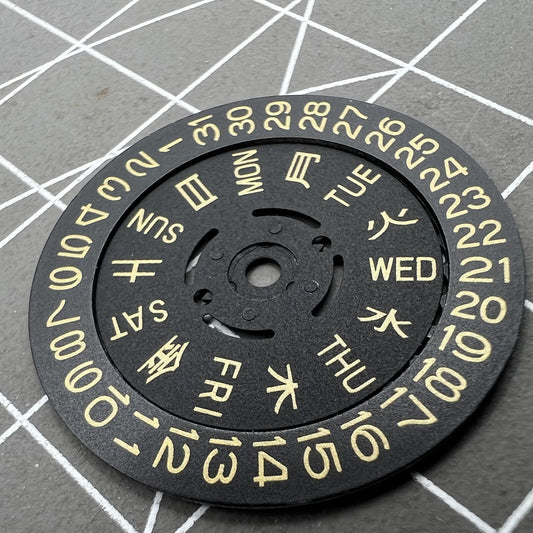 Black date disk with gold font for NH36 movement, date at 3 o'clock, crown at 3/3.8 position, high precision.