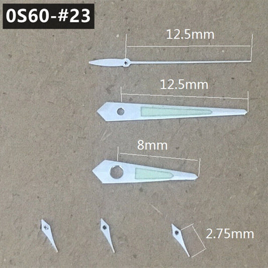 Silver-trimmed 12.5mm green luminous watch hands compatible with Miyota 0S60 movement.