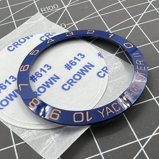 38mm rose gold Yacht Master bezel ring with ceramic blue slope design for watch accessories.