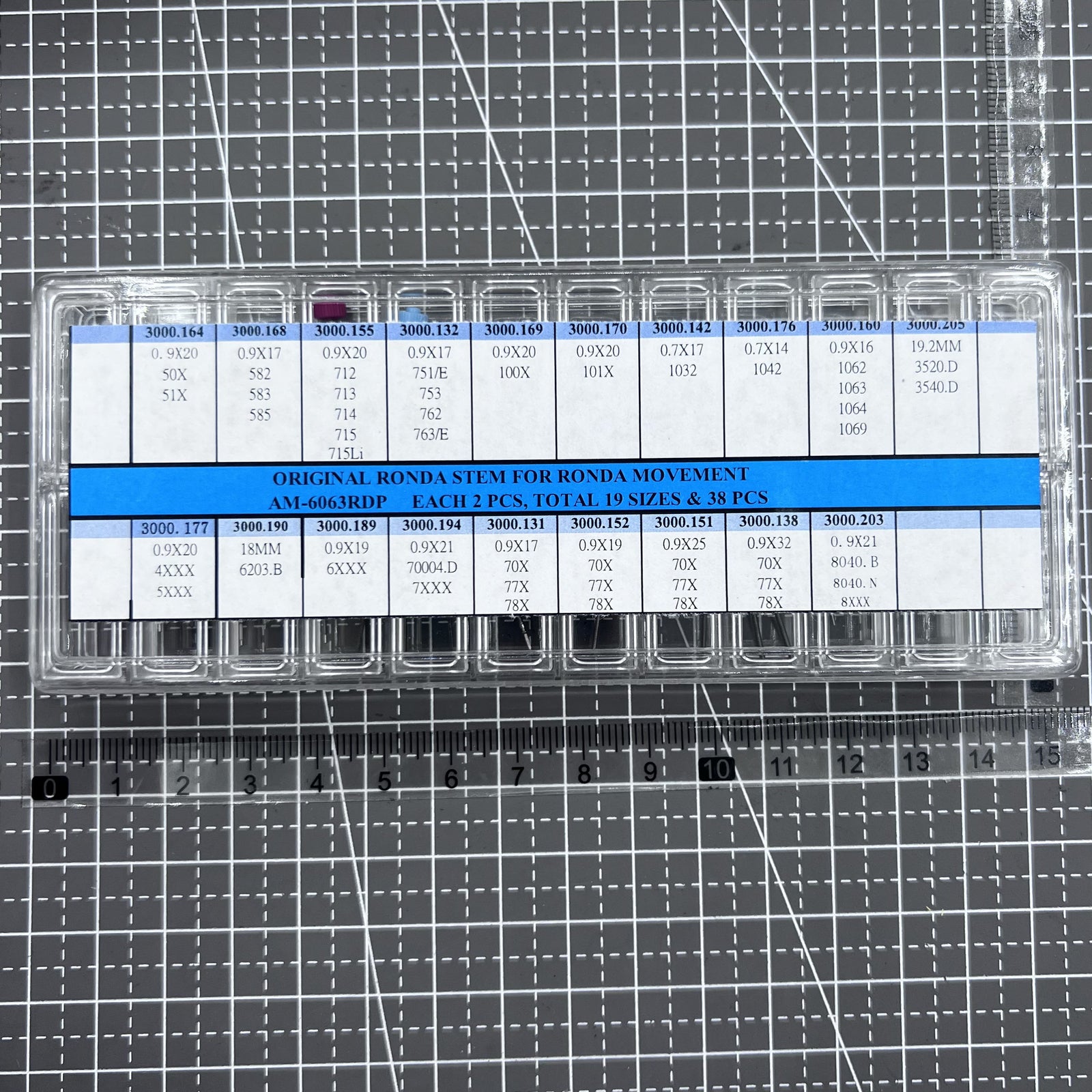 Set of 38 original Ronda watch stems in 19 sizes for precise repairs and replacements.