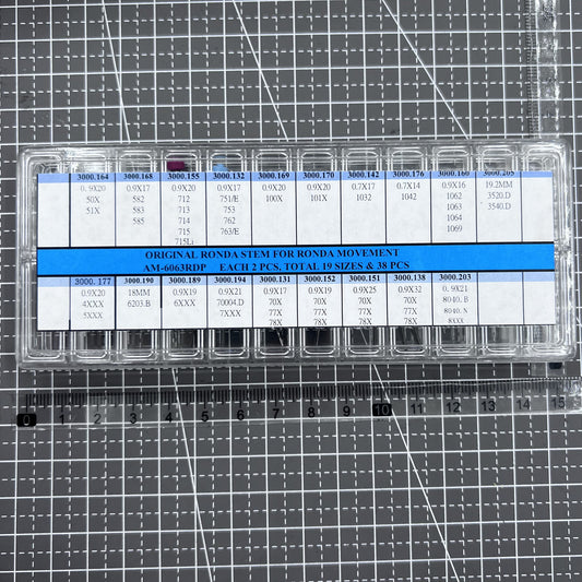 Set of 38 original Ronda watch stems in 19 sizes for precise repairs and replacements.
