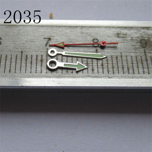 Arrow shape green luminous watch hands set for Miyota 2035 movement.