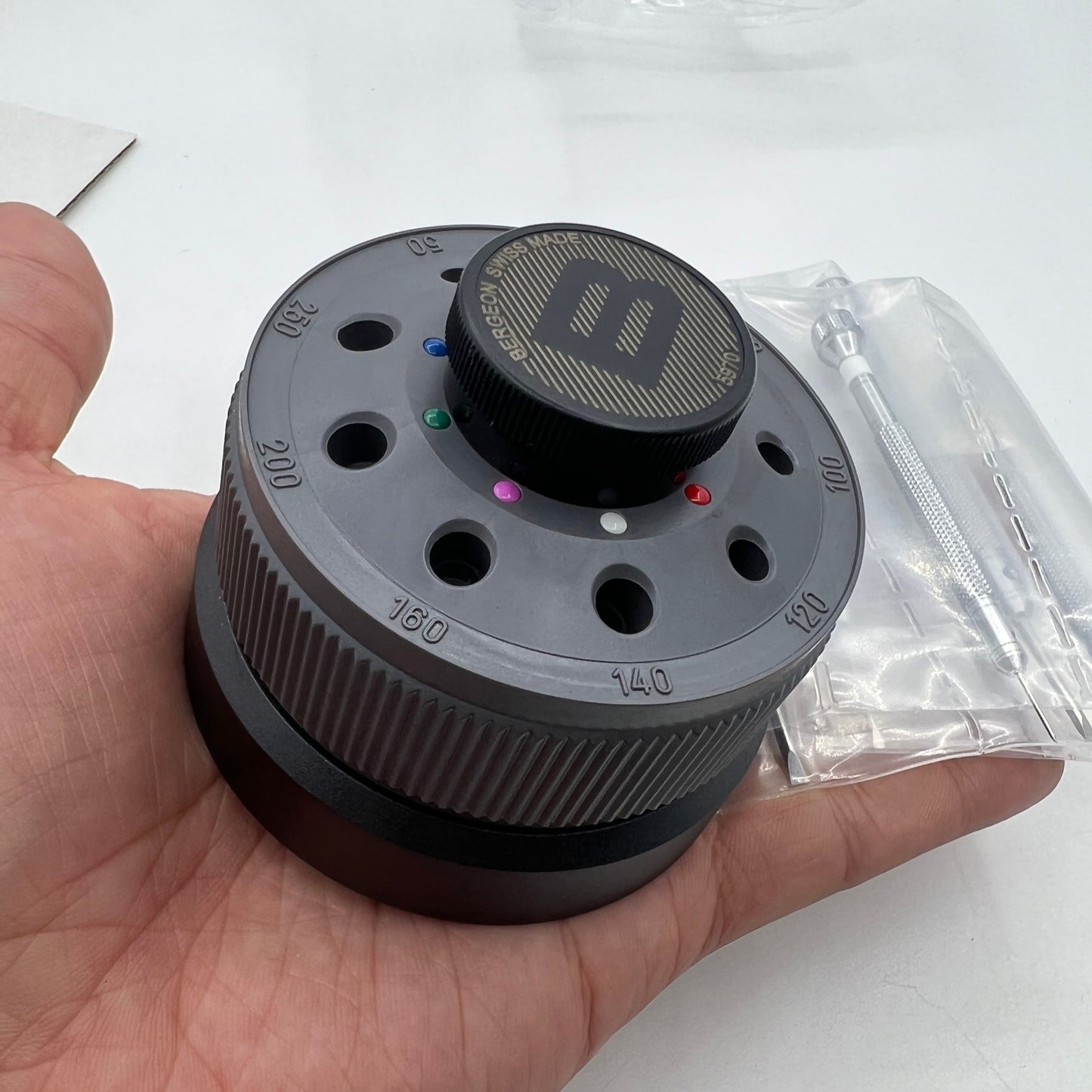 Bergeon 5970 rotating tool set with 9 precision screwdrivers for detailed watch repair tasks.