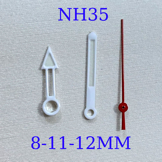 White and red hollow watch hands set for NH35/NH36 movement, precision design.