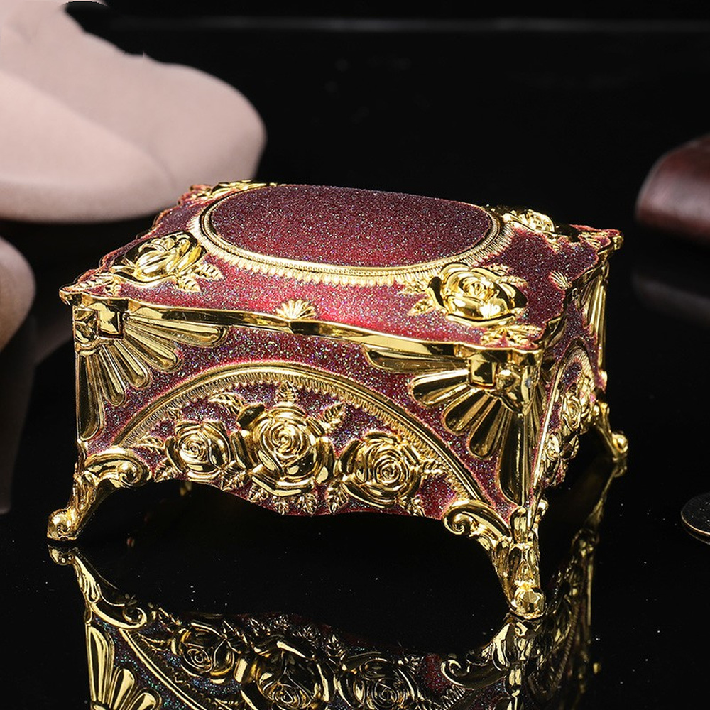 Retro Rose rectangular jewelry box, green and red vintage floral design for trinket storage.