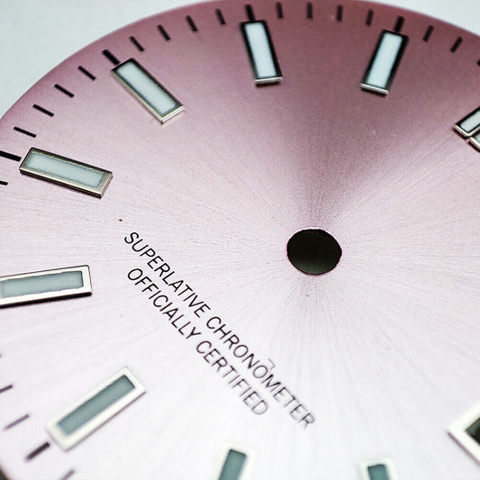 Green luminous polished pink metal watch dial for NH35 movement