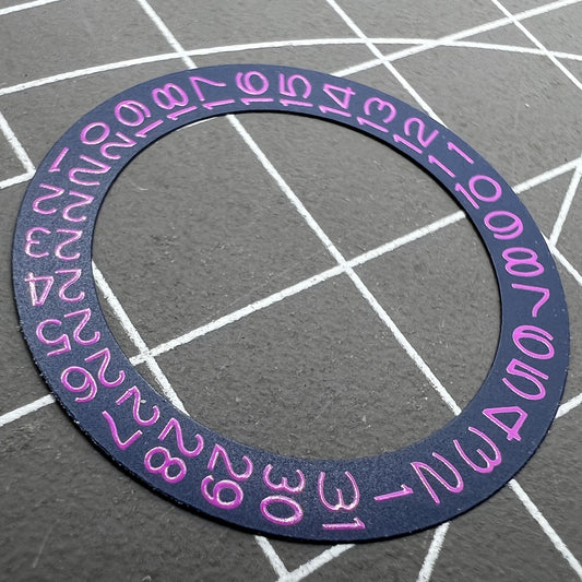 Denim blue background disk with Helio purple font for Miyota NH35 NH36 watch date wheel.