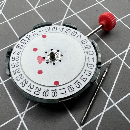 Miyota 2105 white dial quartz movement with red accents and single calendar for watch accessories.