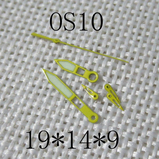 Yellow-trimmed green lume watch hands for Miyota OS10 and 0S10 movements, precise accessory.