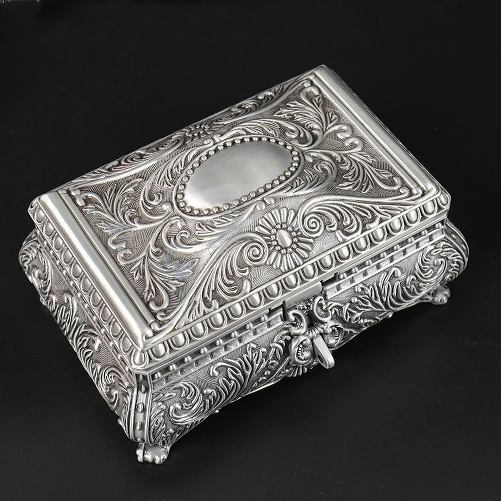 #0317 Retro Rectangle Jewelry Box Flower Sculpture Trinkets Chest Jewelry Case
