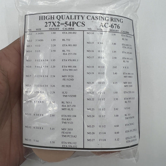 AC-676 set of 54PCS watch movement case spacers, 27 ligne sizes for precise watch repairs