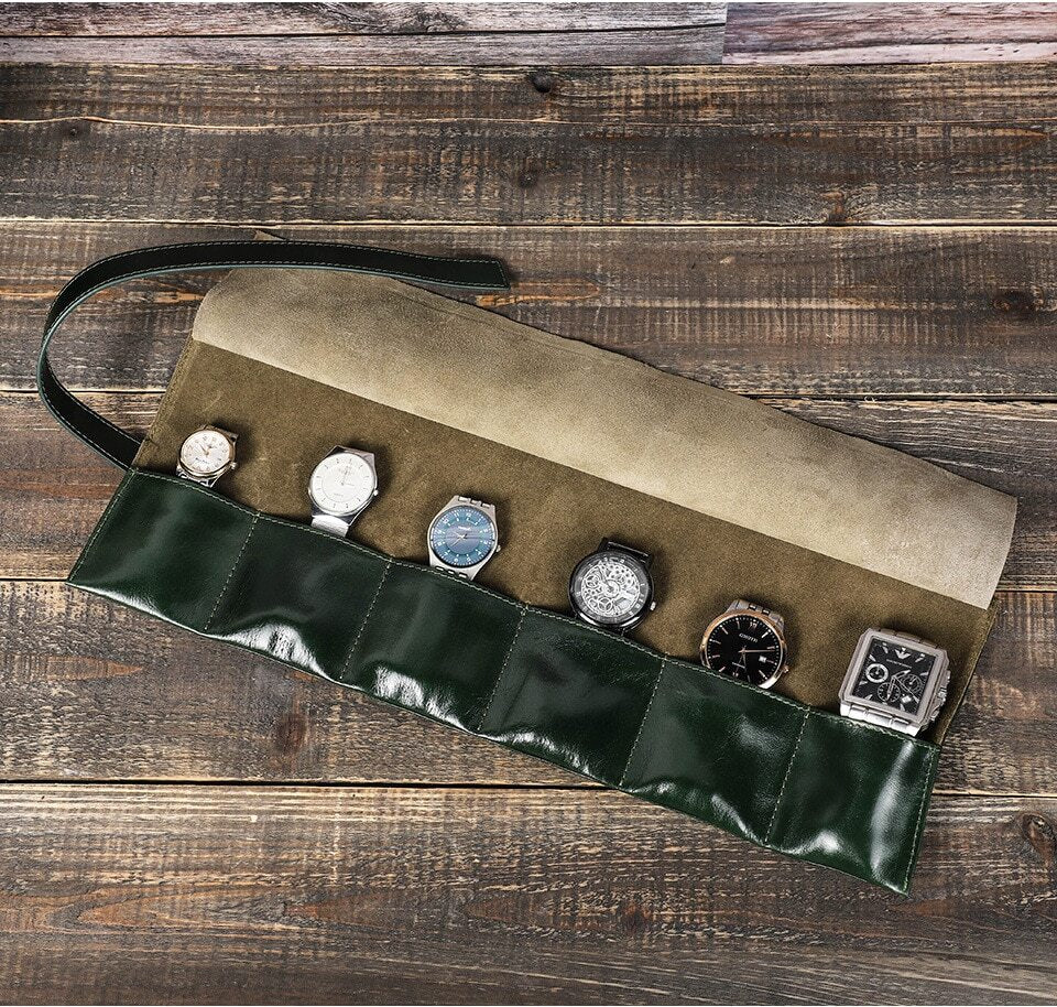 Handmade leather watch box with 6 slots, portable roll pouch for men, perfect for travel organization.