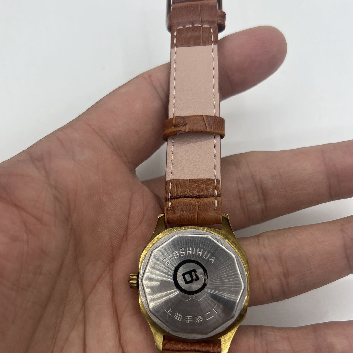 32mm Shanghai Manual Mechanical Watch Golden Nail Brown Dial Octagonal Case