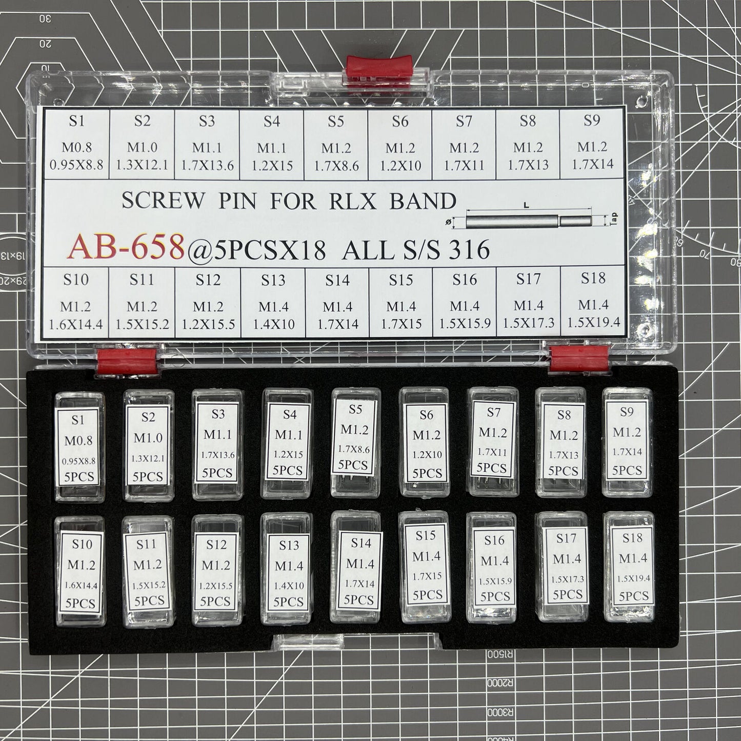 Set of 90 screw-type watch band links and pins for bracelet adjustments.