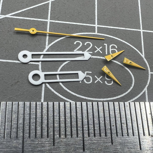 18mm yellow small second watch hands with white trim, compatible with ISA 8172 quartz movement, for precise timekeeping.