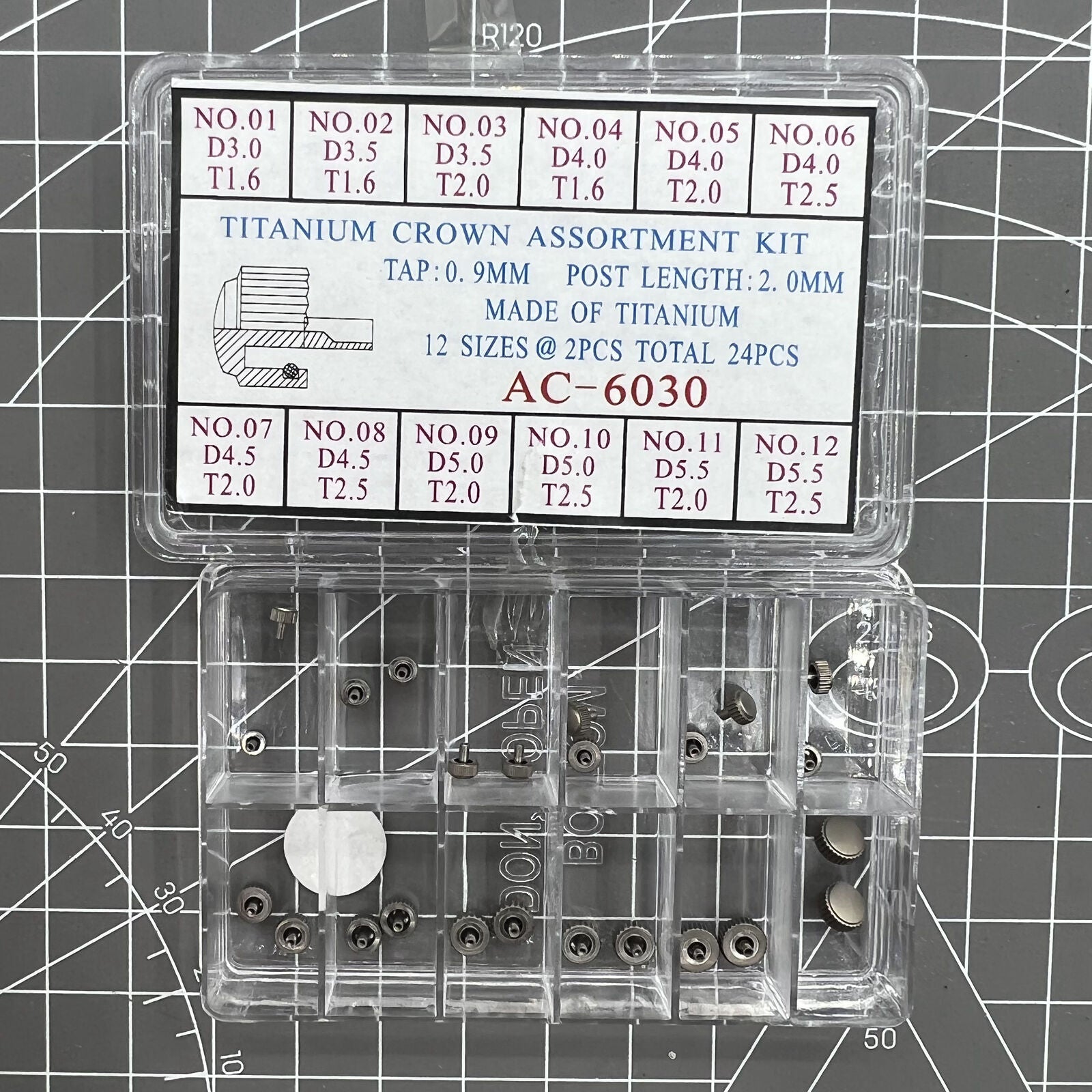 Titanium watch crowns assortment kit with 24 pieces in 12 sizes for precise repair.