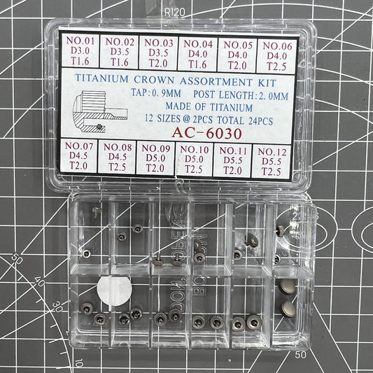 Titanium watch crowns assortment kit with 24 pieces in 12 sizes for precise repair.