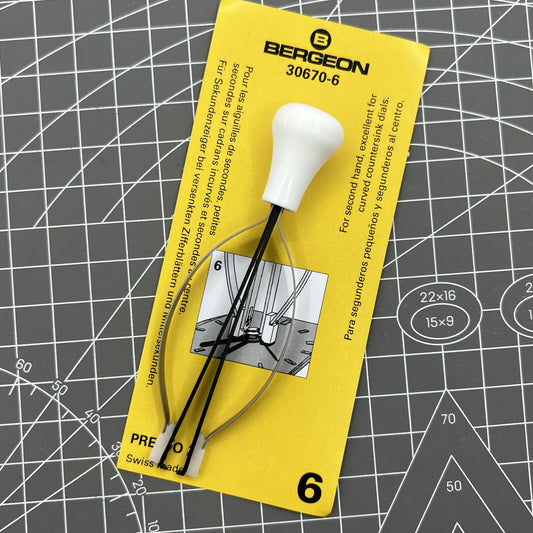 Swiss Bergeon 30670-6 curved dial remover tool for watchmakers, perfect for precise second hand removal.