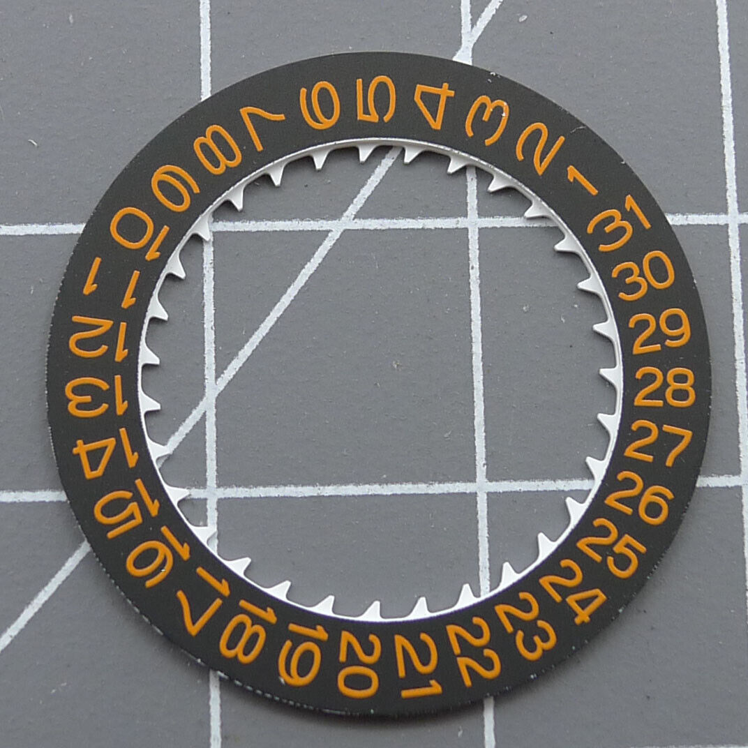 Orange font date disk wheel on black background, compatible with NH35 watch movement, ideal for date display replacement.