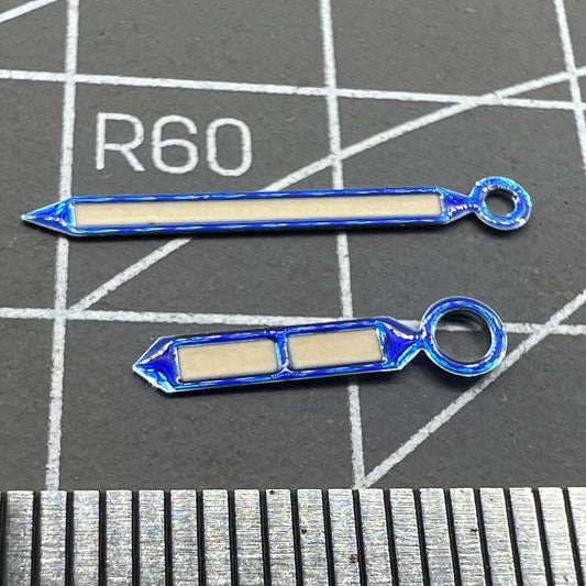 Blue trimmed watch hands with strong green lume for Seagull ST3600/ST3621 and ETA 6497/6498 movements.