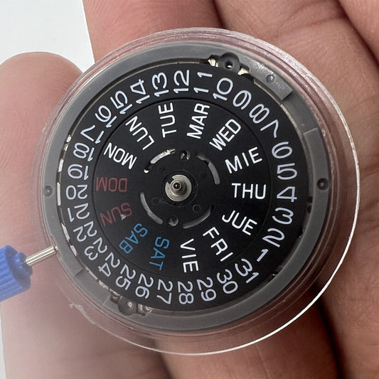 Japan NH36 NH36A watch movement showing black dial with English day display and crown positioned at 3 o'clock, precise timekeeping by NH36A.