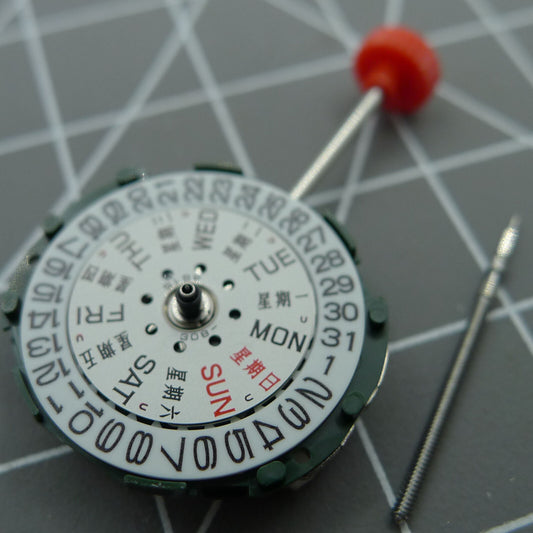 Miyota/Citizen 2005 quartz movement with day-date and stem for precise timekeeping, Japan made.