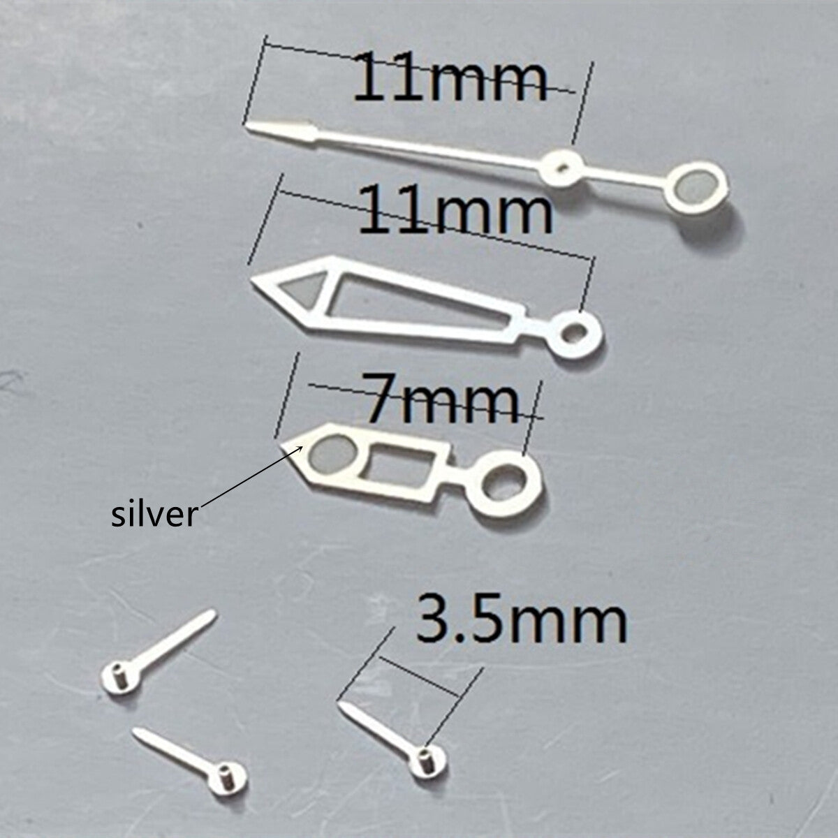 Aiguilles creuses luminescentes argentées de 11 mm pour montres Miyota OS10, OS20, OS22, OS60, OS80