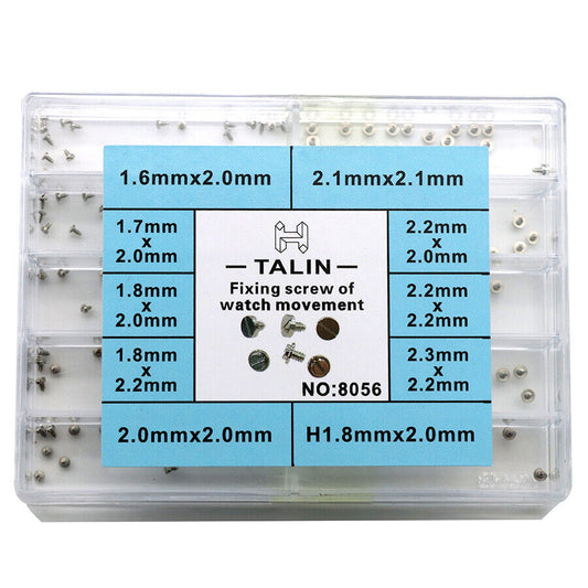 Mixed casing clamp and screws set for secure watch movement assembly, compatible with various brands.